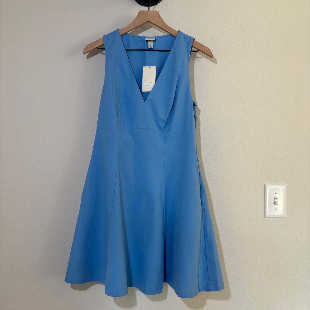 A New Day Dress Fit and Flare 10 Cotton Blend Blue Preppy Minimalist Summer